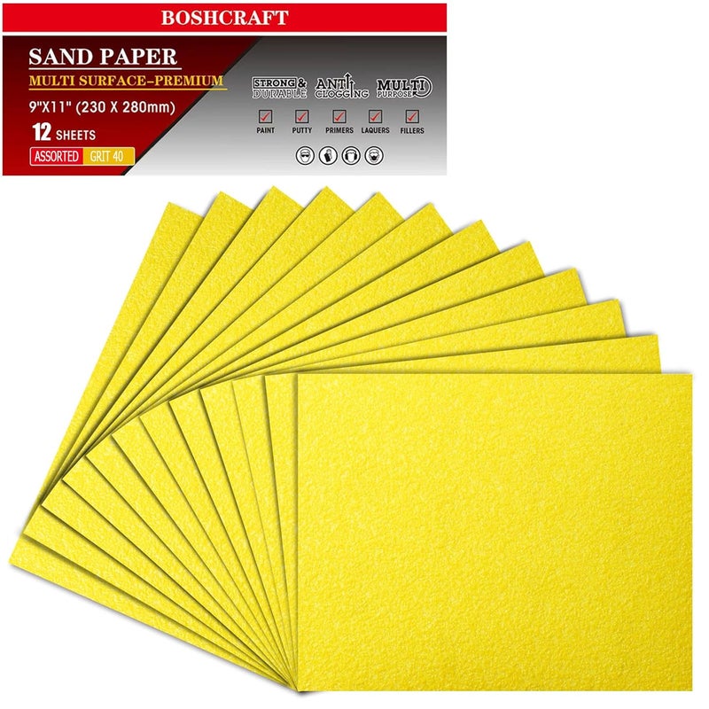 BOSHCRAFT 40 Grit Sand Paper, 12Pcs Sandpaper Assortment Sandpaper for Wood Metal Furniture Hand Sander Sand Paper Set Sandpaper Sheets Cut for Use 9" x 11"/12 Sheets - Image 1